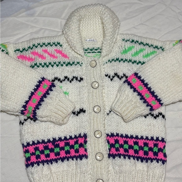 Vintage Cozy Knit Kids Sweater - Cream with Pink and Green Accents - Picture 1 of 9